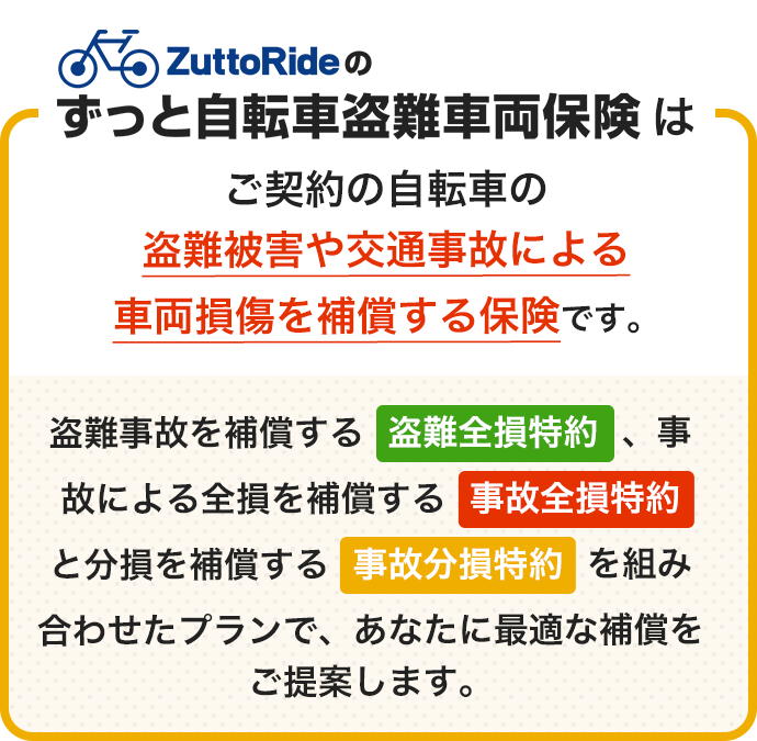 ZuttoRideのずっと自転車盗難車両保険はご契約の自転車の盗難被害や事故による損傷を補償する保険です