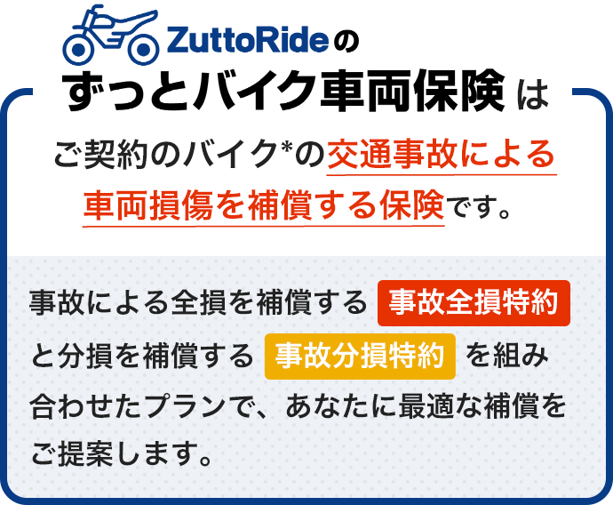 ZuttoRideのずっとバイク車両保険はご契約のバイクの事故による損傷を補償する保険です