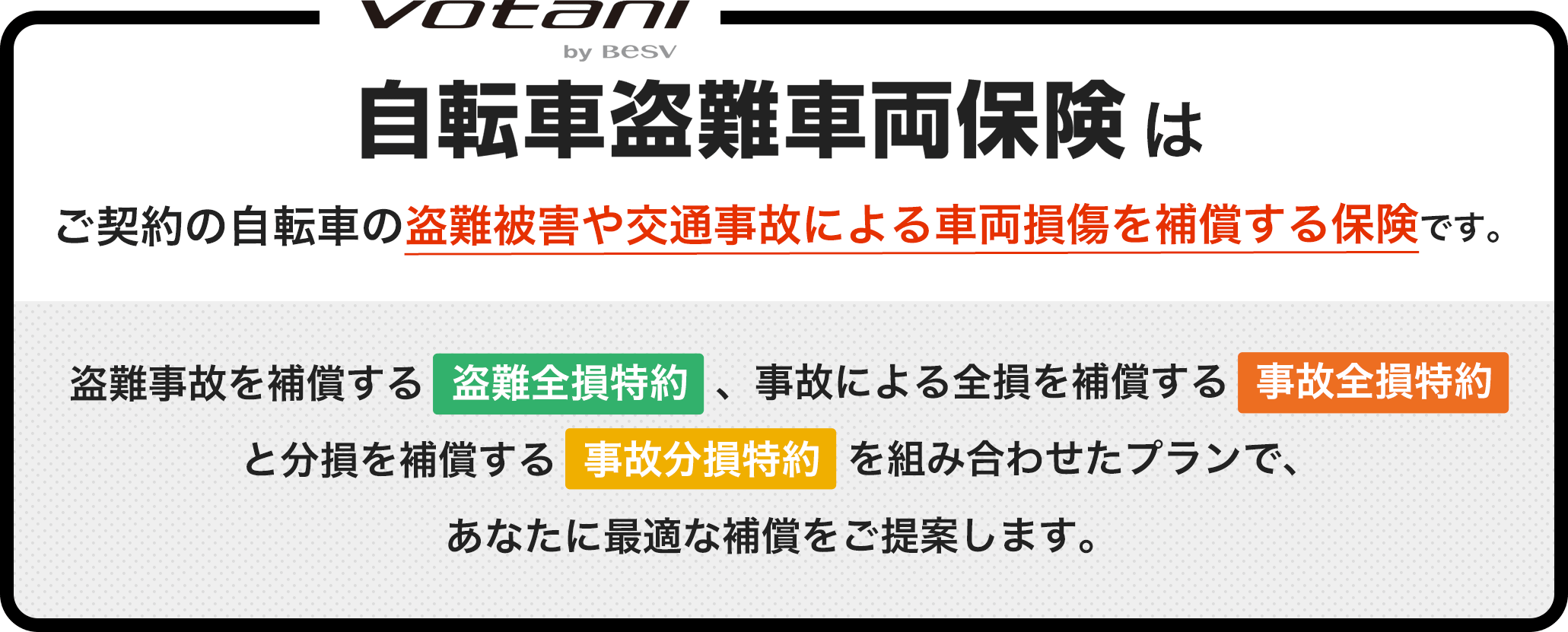 votani自転車盗難車両保険はご契約のバイクの交通事故による車両保険を補償する保険です
